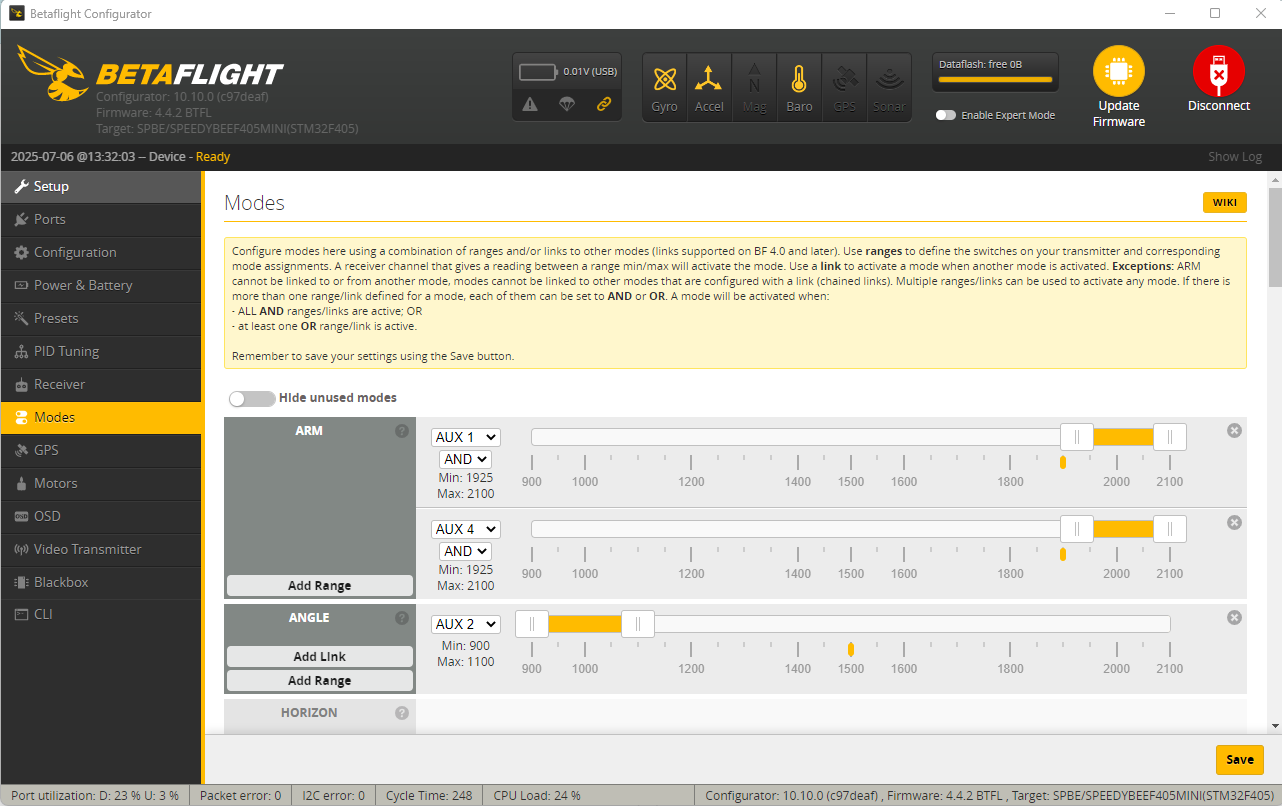 Betaflight Modes: ARM and ANGLE Betaflight Modes: ARM and ANGLE