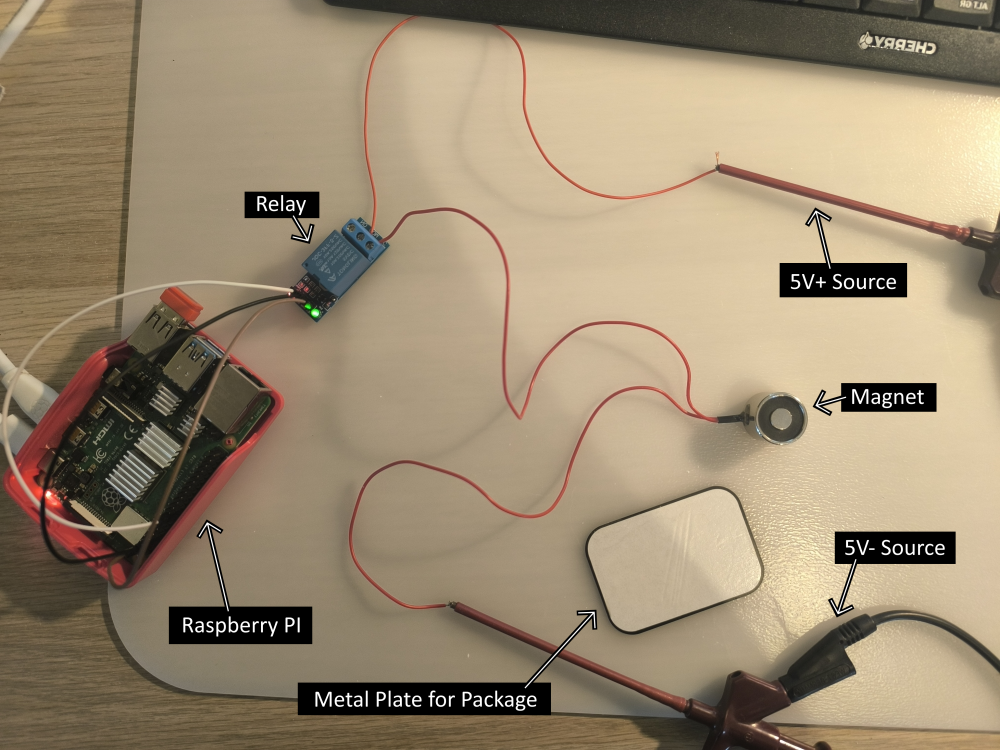 A photo showing the complete wiring for powering the electromagnet.
