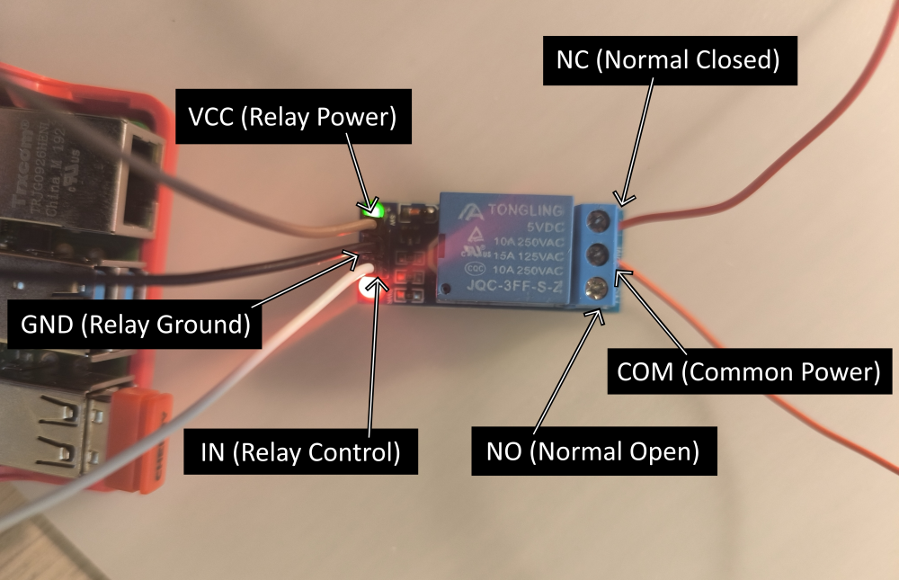 A photo showing the relay used and how it is connected.